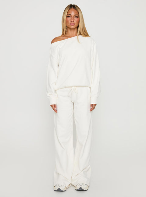 front view of model wearing Princess Polly Wellness Off The Shoulder Jumper Washed White 
