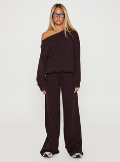 front view of model wearing Princess Polly Wellness Off The Shoulder Jumper Brown Cropped Jumpers 