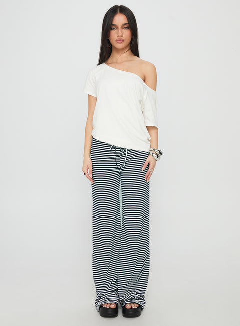 front view of model wearing Princess Polly Alfreda Jersey Pant Navy Stripe High Waisted Pants 