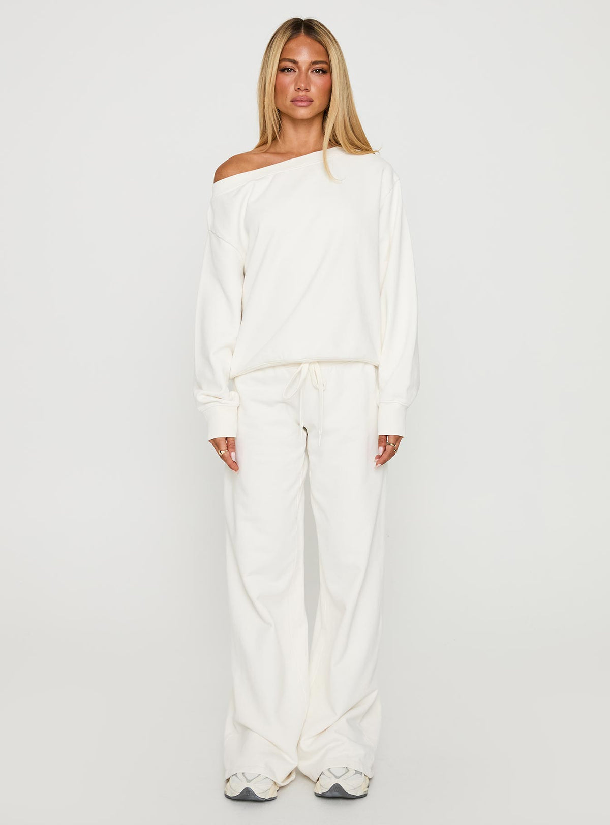 front view of model wearing Princess Polly Dodie Wide Leg Pants Washed White High Rise Pants Pants 