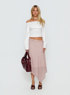   front view of model wearing Princess Polly Gwenora Asymmetrical Midi Skirt Pink Stripe Midi Skirts 