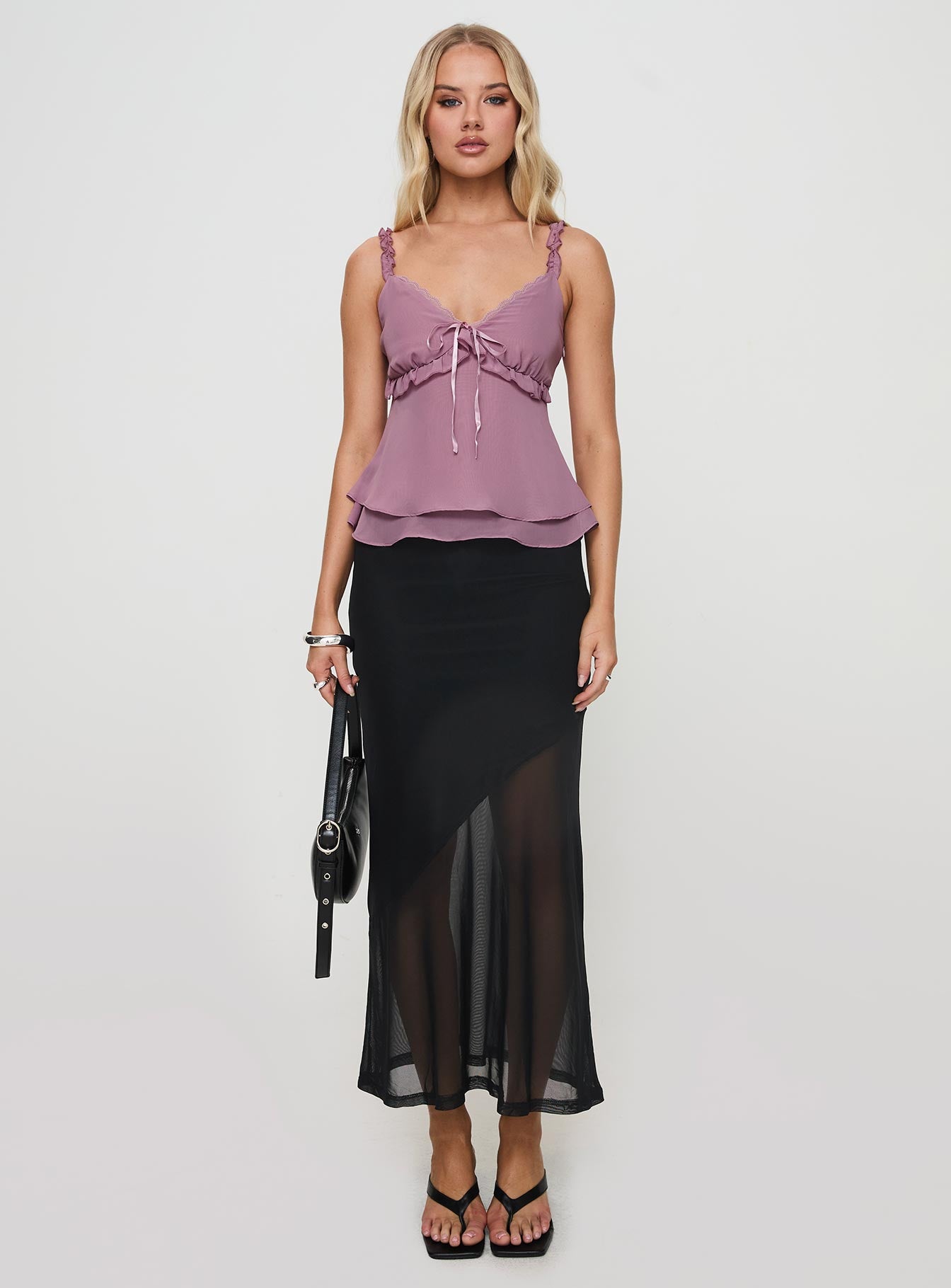 front view of model wearing Princess Polly Taini Top Purple Sleeveless Plunger 