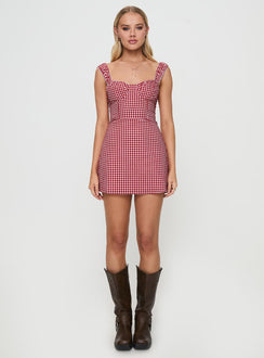 back view of model wearing Princess Polly Faubert Mini Dress Red Gingham Sweetheart Neckline 