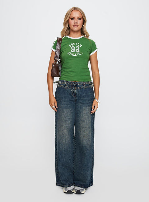 back view of model wearing Princess Polly Boston Athletics Top Green Short Sleeves Crew Neck 