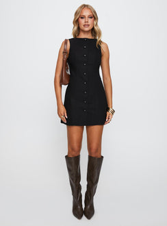 front view of model wearing Princess Polly Common Sense Mini Dress Black Crew Neck 