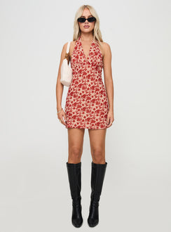front view of model wearing Princess Polly Neelia Mini Dress Red Floral 