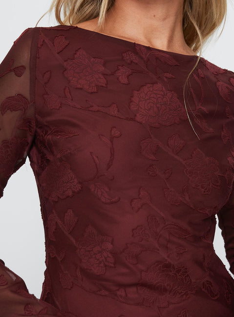 product Princess Polly Jadee Long Sleeve Mini Dress Burgundy Floral Crew Neck 