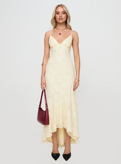 front view of model wearing Princess Polly Cyrene Maxi Dress Lemon Plunger 
