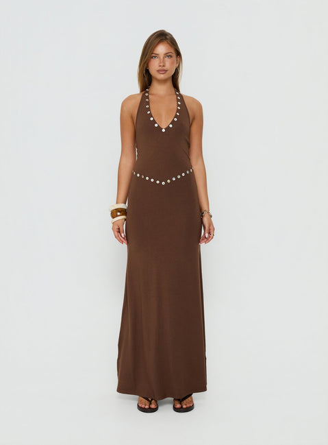 Correna Embellished Halter Maxi Dress Chocolate