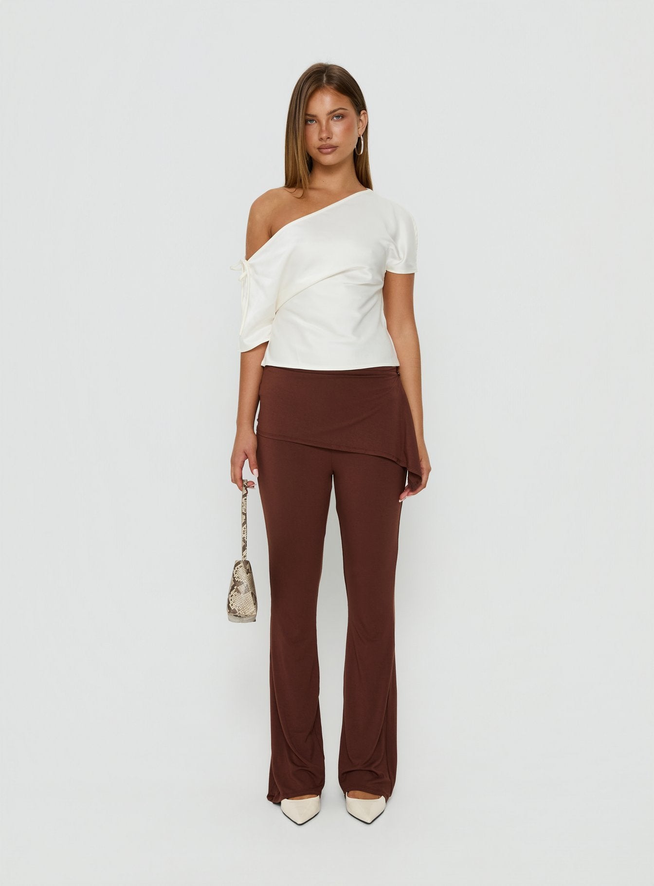 Introducing the Masimo Layered Pants Chocolate in womens regular pants with high-rise and wide-leg silhouette front view of model wearing Princess Polly