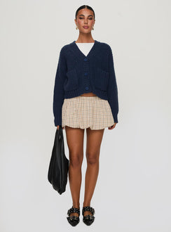 front view of model wearing Princess Polly Osias Cable Knit Cardigan Navy Cropped Jumpers 