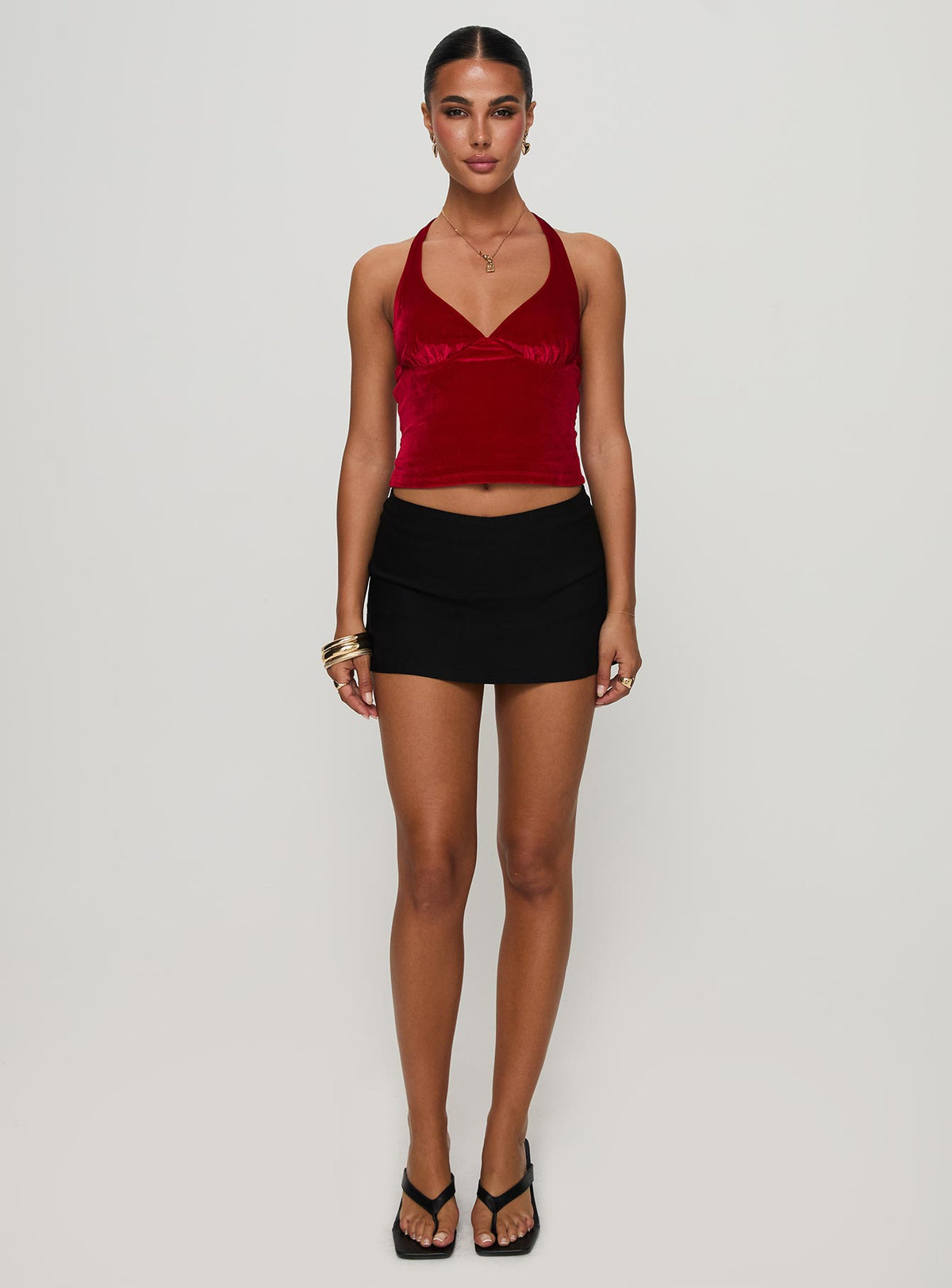 side view of model wearing Princess Polly Tuberose Halter Top Red Sleeveless V-Neck 