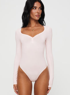 front view of model wearing Princess Polly Delgado Long Sleeve Bodysuit Pink Long Sleeve Tops 