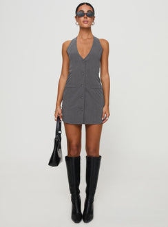 front view of model wearing Princess Polly Fenny Mini Dress Grey Petite Plunger 