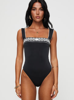 front view of model wearing Princess Polly Keating Bodysuit Black Sleeveless 