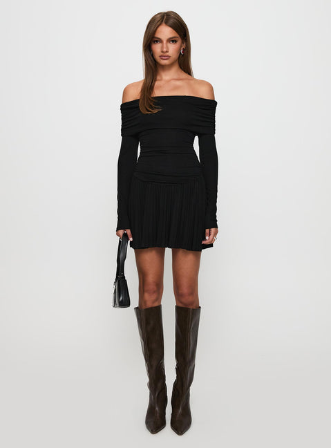 side view of model wearing Princess Polly Field Of Dreams Long Sleeve Mini Dress Onyx Straight Neck 