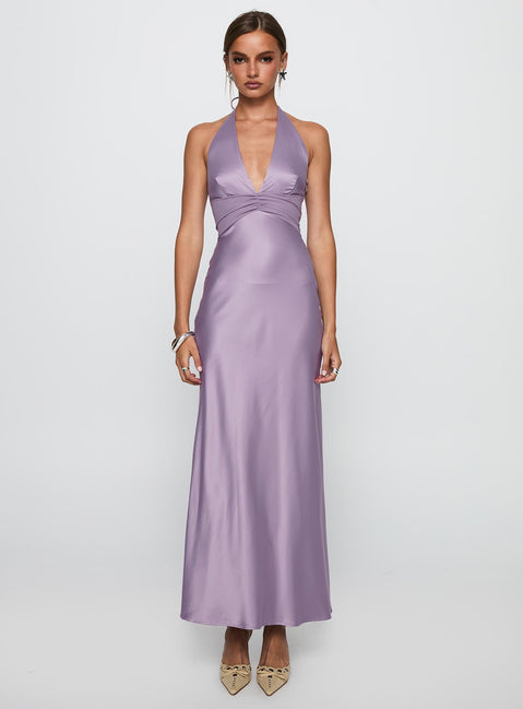 front view of model wearing Princess Polly Rousseau Halter Maxi Dress Mauve Plunger 