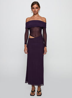 side view of model wearing Princess Polly Soul Ties Long Sleeve Maxi Dress Purple Straight Neck 