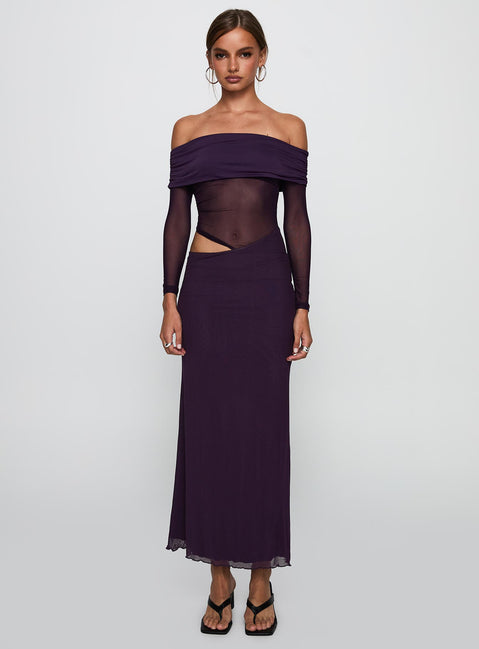 side view of model wearing Princess Polly Soul Ties Long Sleeve Maxi Dress Purple Straight Neck 