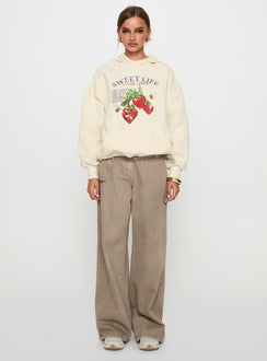 front view of model wearing Princess Polly Sweet Life Graphic Sweater Cream Long 