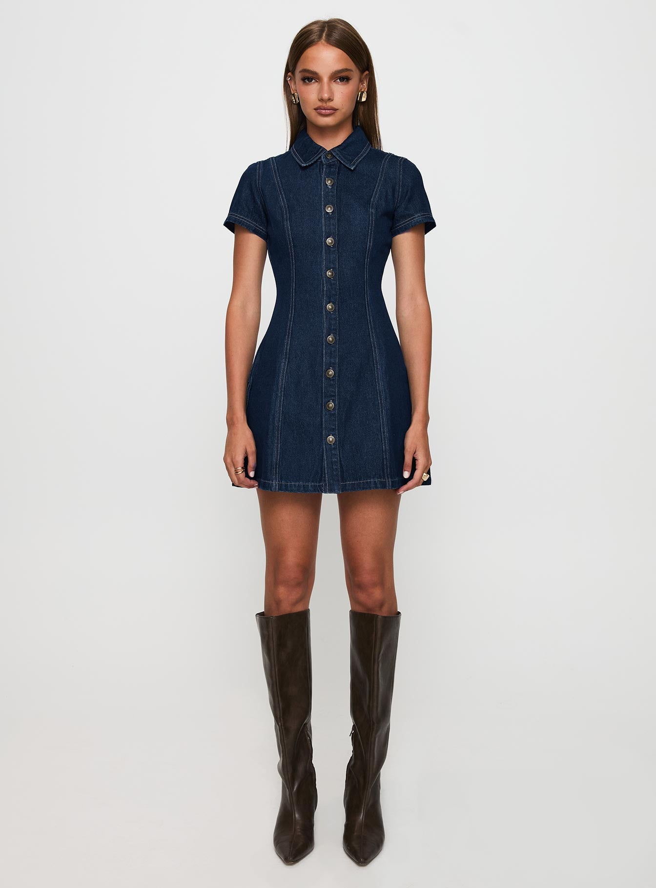 side view of model wearing Princess Polly Perception Denim Mini Dress Mid Wash High Neck 