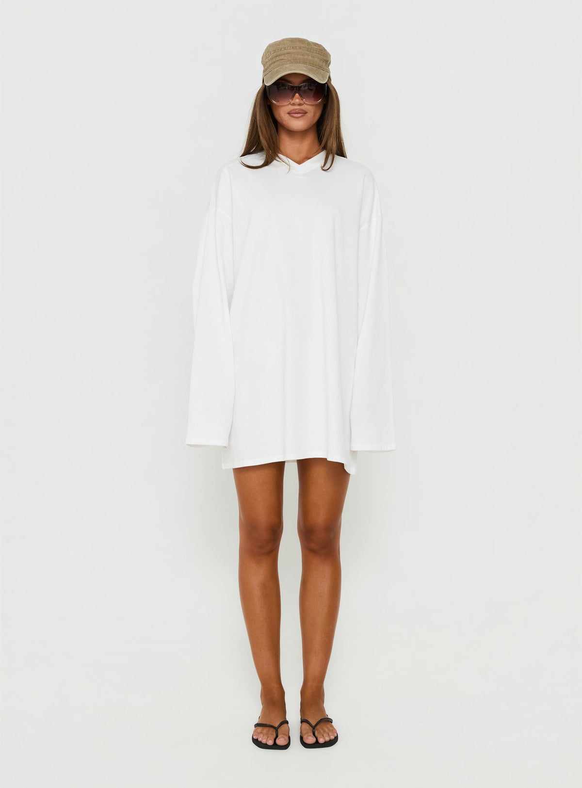 Settle Down Long Sleeve V Neck Mini Dress White