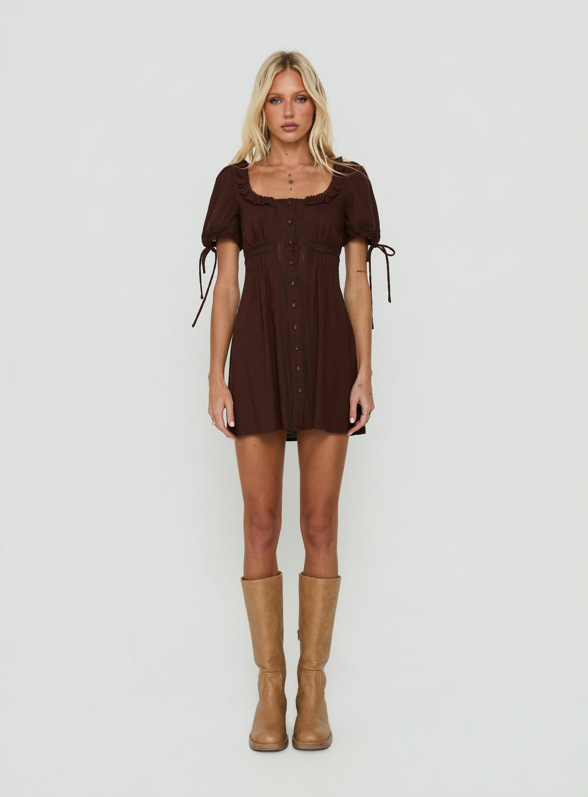 Indianah Pleat Lace Panel Mini Dress Chocolate
