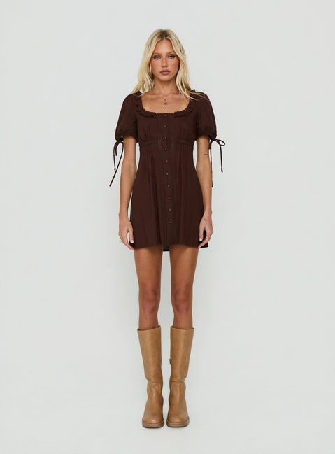 Indianah Pleat Lace Panel Mini Dress Chocolate