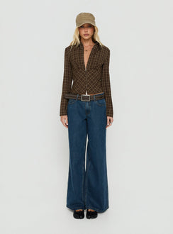 Kinori Long Sleeve Zip Down Top Brown Check