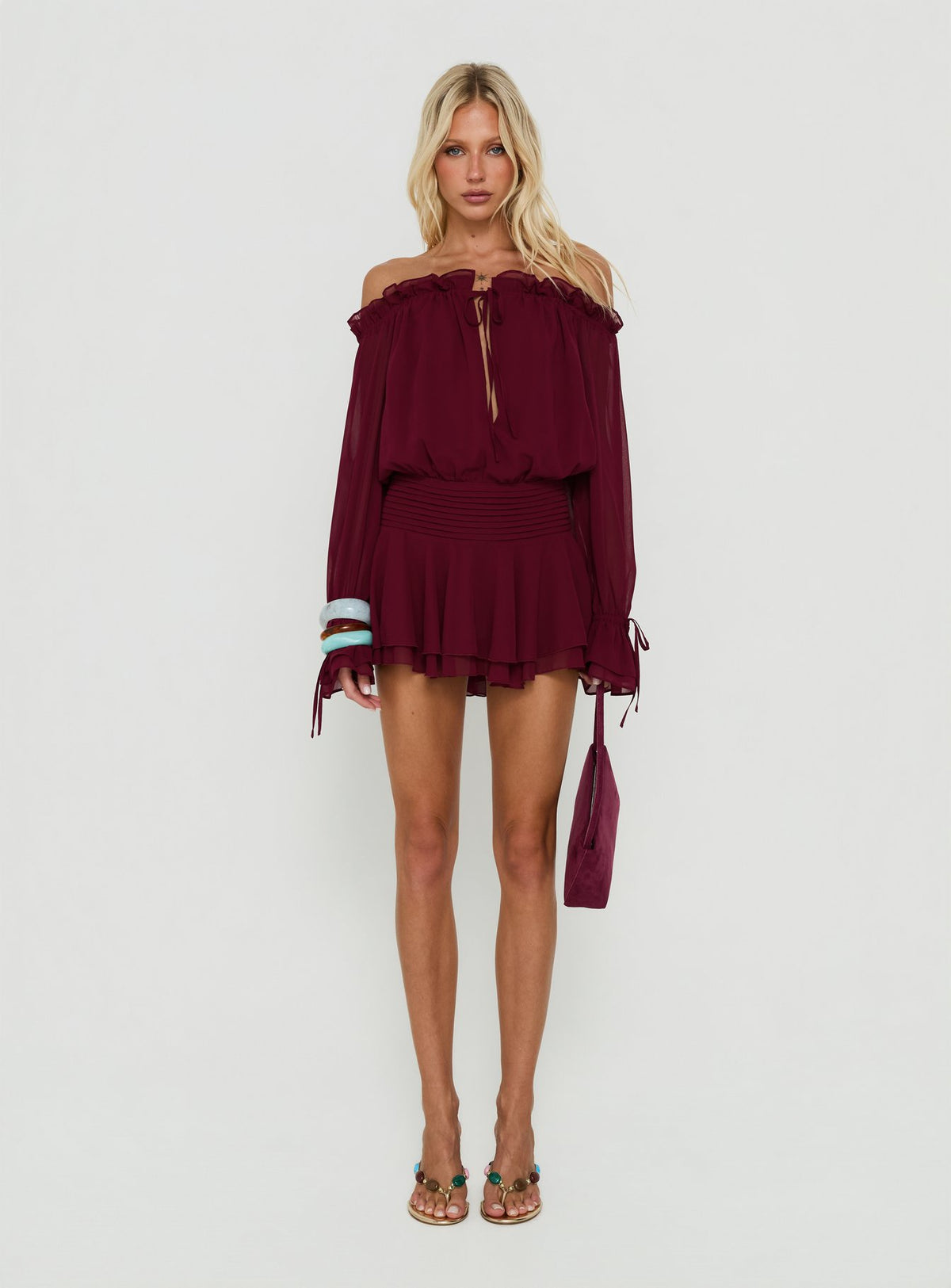 Felicita Off Shoulder Long Sleeve Chiffon Mini Dress Cherry