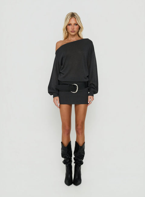 Johannah Off Shoulder Long Sleeve Knit Mini Dress Dark Grey