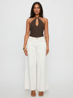side view of model wearing Princess Polly Libbey Hardware Detail Textured Bodysuit Brown Sleeveless 