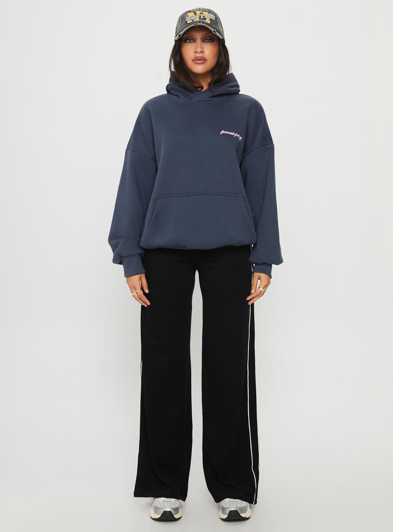 front view of model wearing Princess Polly Ascenda Straight Leg Track Pant Black High Waisted Pants 
