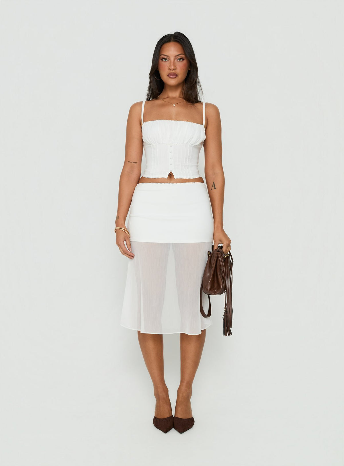 Discover the Camy Sheer Panelled Midi Skirt White womens-skirts in midi length detail Princess Polly