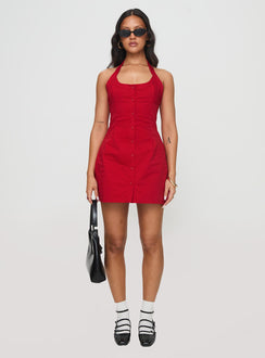 front view of model wearing Princess Polly Mallorie Halter Mini Dress Red Petite Scoop Neck 