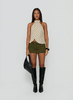 Iggya Button Detail High Neck Top Beige Stripe