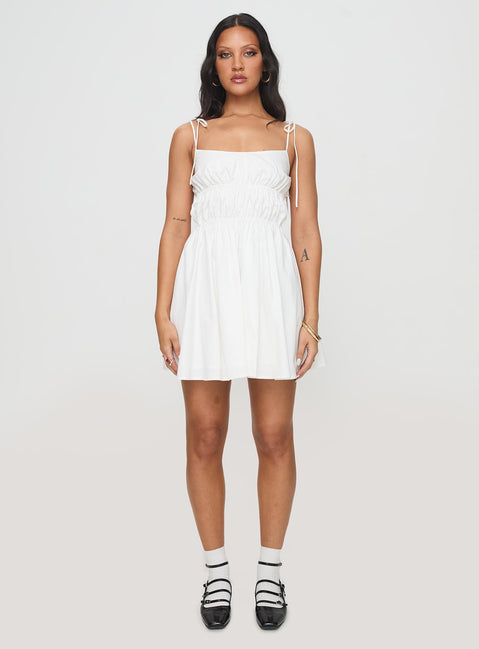 front view of model wearing Princess Polly Jacksonne Mini Dress White Scoop Neck 