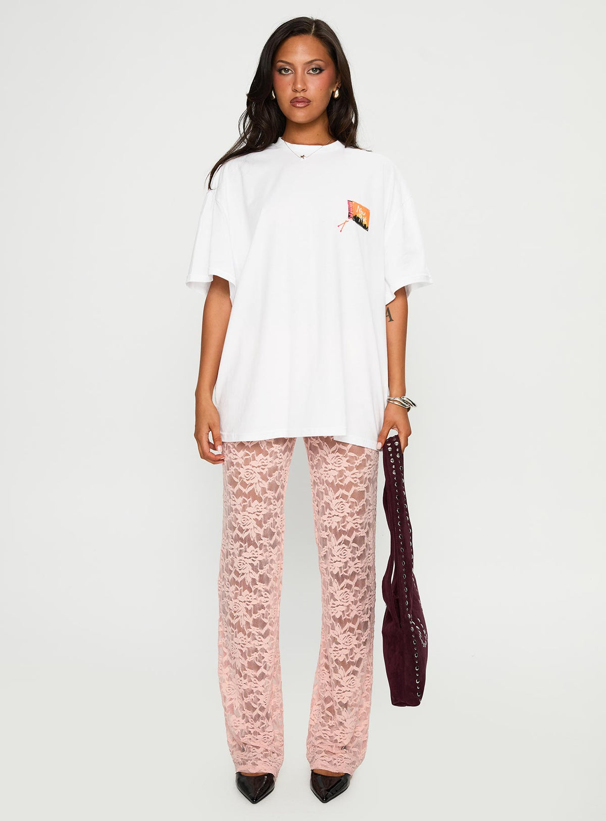 front view of model wearing Princess Polly Matchbox Collection Graphic Top White / Multi Half Sleeves Crew Neck 