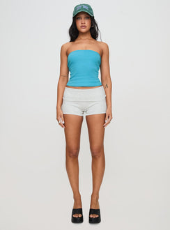 front view of model wearing Princess Polly Baseline Strapless Rib Top Blue Sleeveless straight 