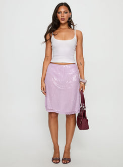   front view of model wearing Princess Polly Addisa Sequin Lace Midi Skirt Lilac Mini Skirts 