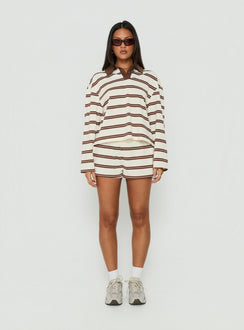 Eddi Long Sleeve Polo Top Cream / Brown Stripe
