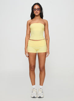 front view of model wearing Princess Polly Baseline Strapless Rib Top Yellow Sleeveless straight 