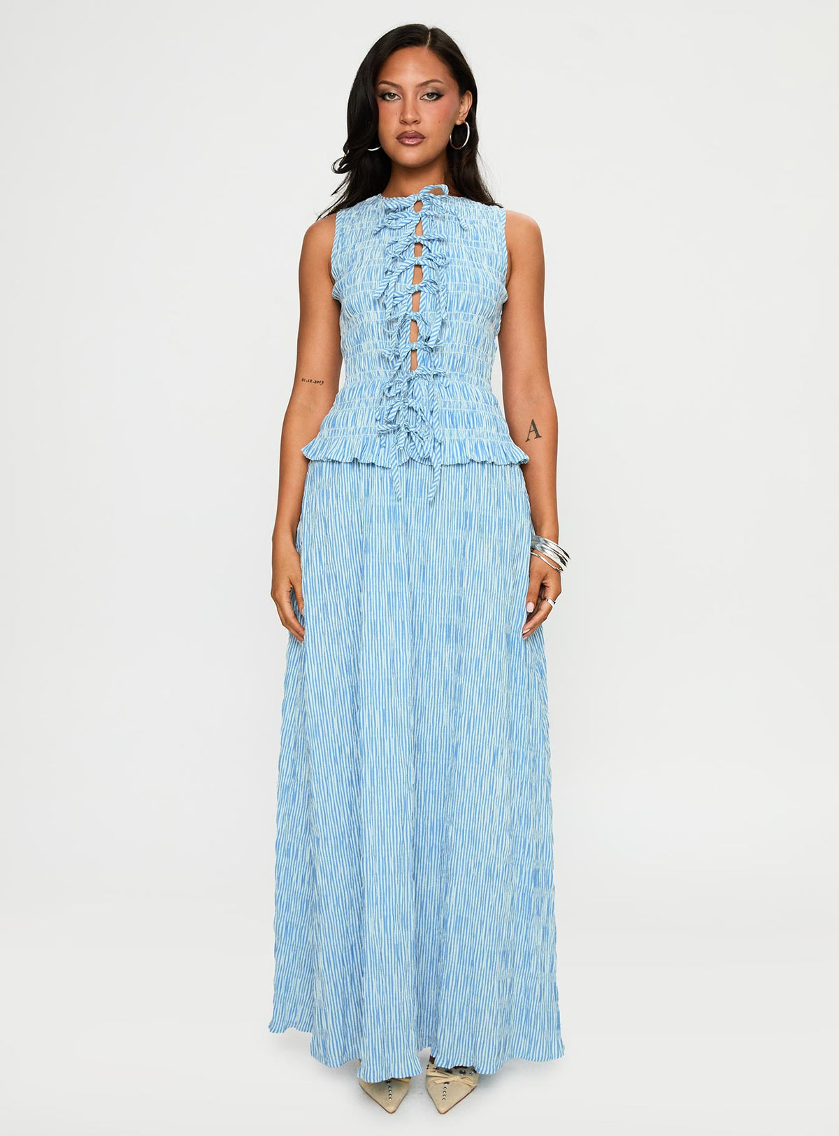 side view of model wearing Princess Polly Songbird Shirred Maxi Dress Blue Crew Neck 