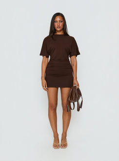 Hunni Ruched Shirt Mini Dress Brown