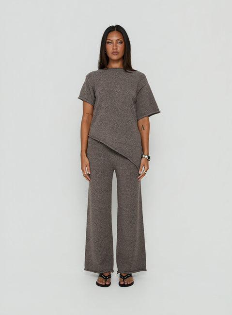 Featuring the Calisse Knit Wide Leg Pants Mocha womens regular pants with high-rise waist front view of model wearing Princess Polly