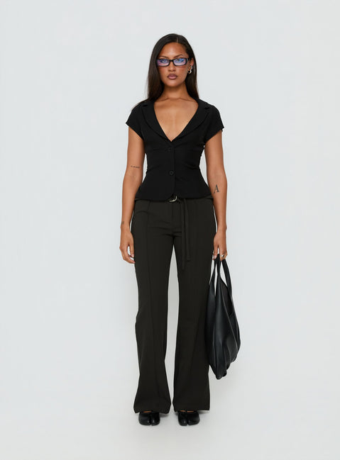 Featuring the Belvia Layered Mid Rise Pants Slate Grey womens-regular-pants with wide-leg silhouette and belt detail front view of model wearing Princess Polly