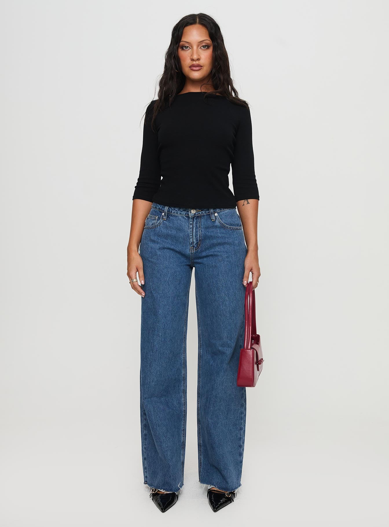 front view of model wearing Princess Polly Darla Low Rise Straight Jean Mid Wash Mid Rise 