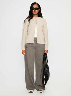 front view of model wearing Princess Polly Lexene Zip Through Jumper Oat Cropped Jumpers 