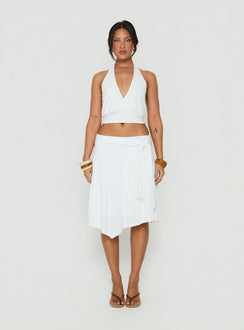 Showcasing the Soft Focus Tie Waist Midi Skirt White womens-skirts in midi length front view of model wearing