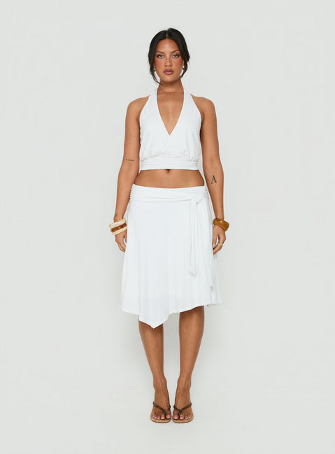 Showcasing the Soft Focus Tie Waist Midi Skirt White womens-skirts in midi length front view of model wearing